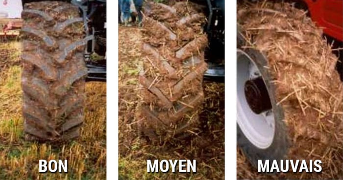 3 cas de terre agglomérée entre les barrettes du pneu